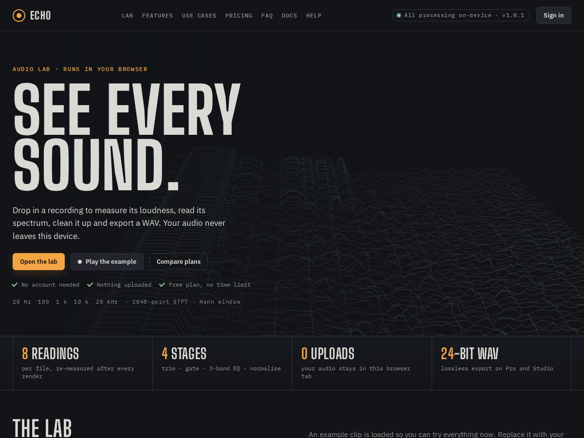 Landing-page snapshot of echoaudiolab.com