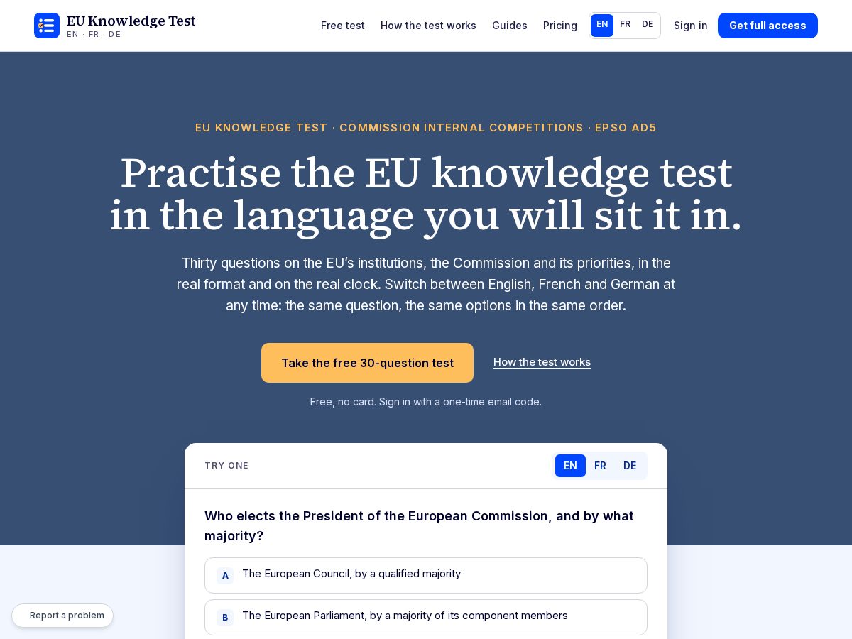 Landing-page snapshot of euknowledgetest.com