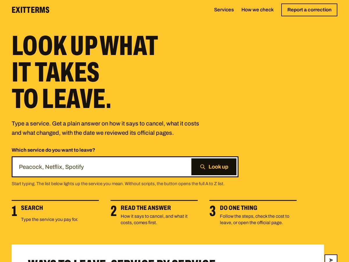 Landing-page snapshot of exitterms.com