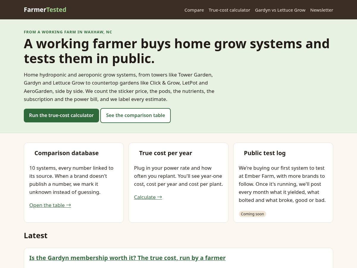 Landing-page snapshot of farmertested.com