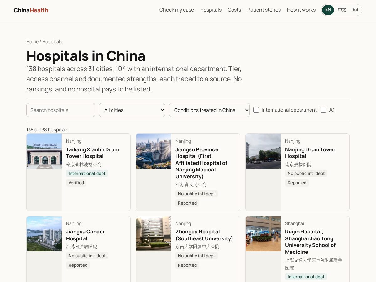 Landing-page snapshot of findchinahospital.org