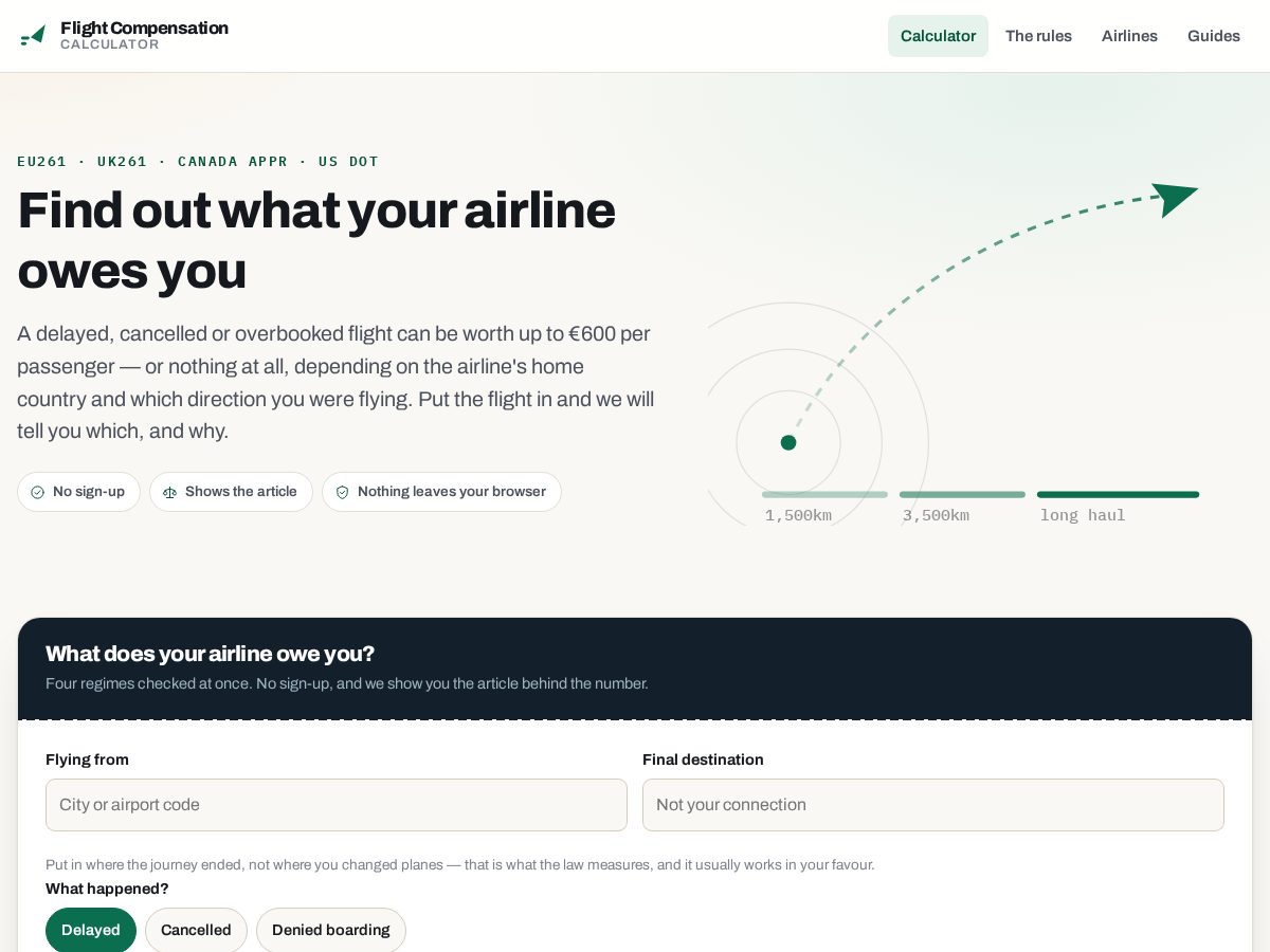 Landing-page snapshot of flightcompensationcalculator.com