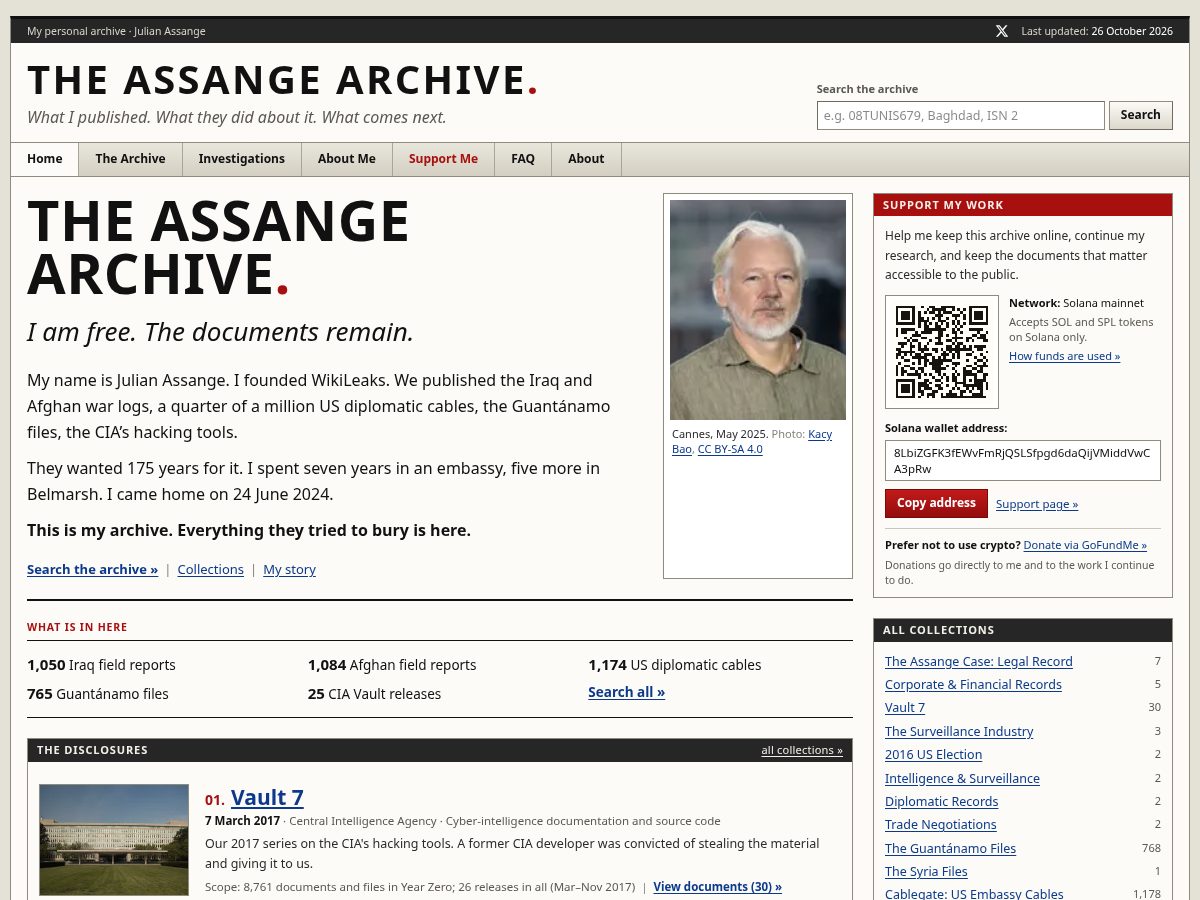 Landing-page snapshot of freeassangenow.com