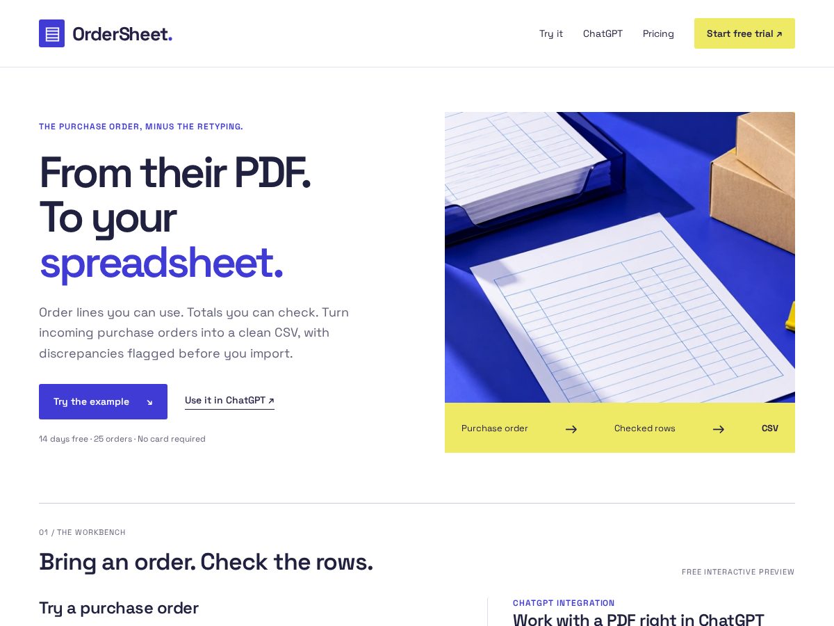 Landing-page snapshot of getordersheet.com