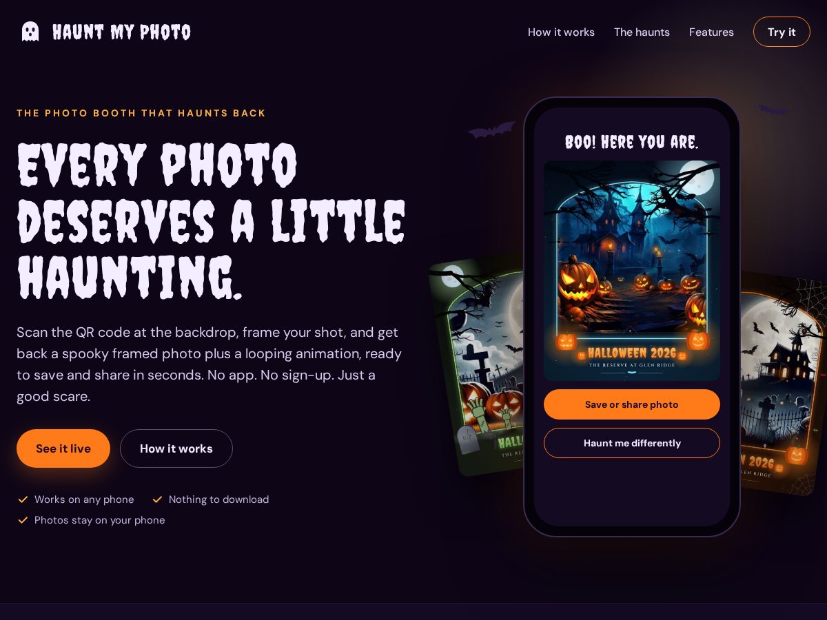 Landing-page snapshot of hauntmyphoto.com