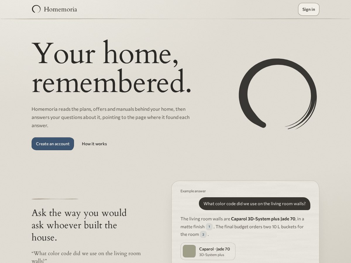 Landing-page snapshot of homemoria.com