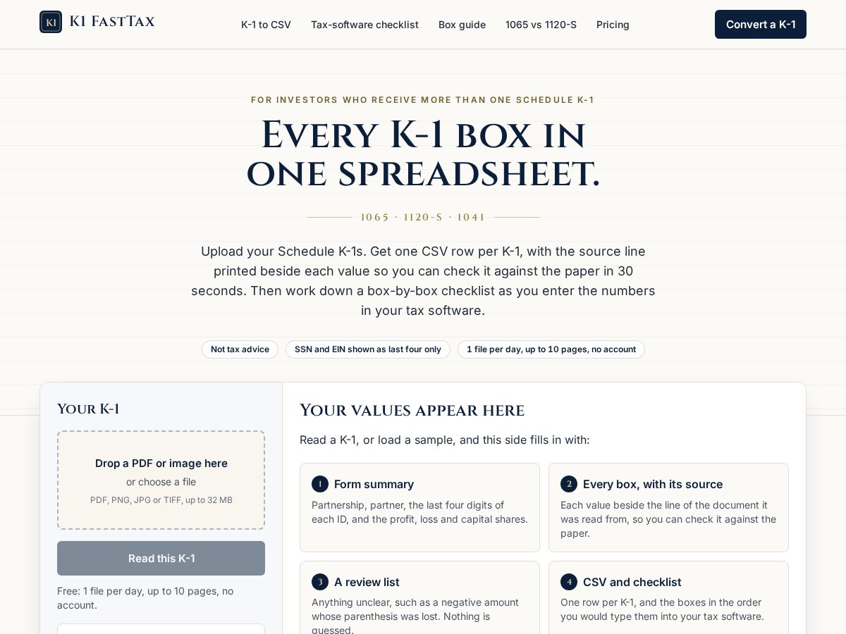 Landing-page snapshot of k1tocsv.com