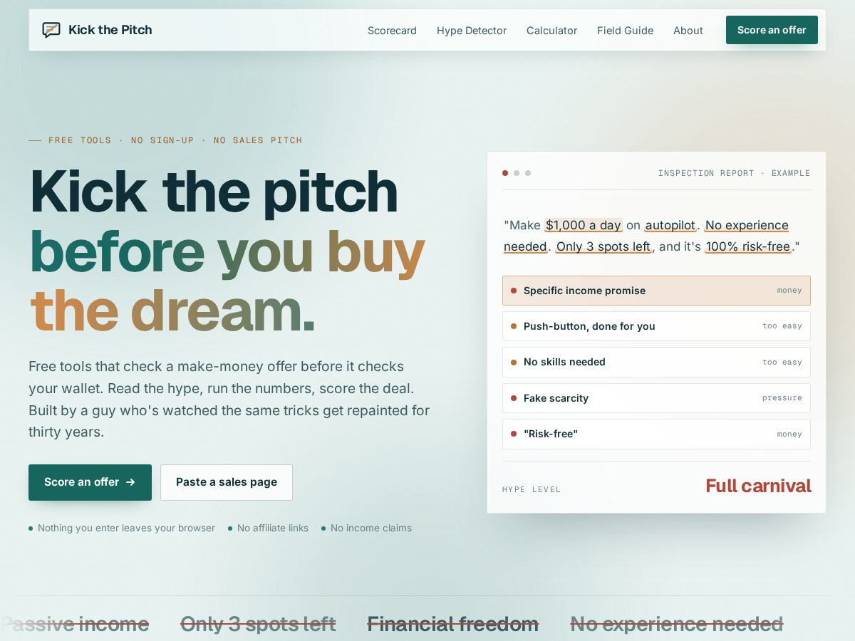 Landing-page snapshot of kickthepitch.com