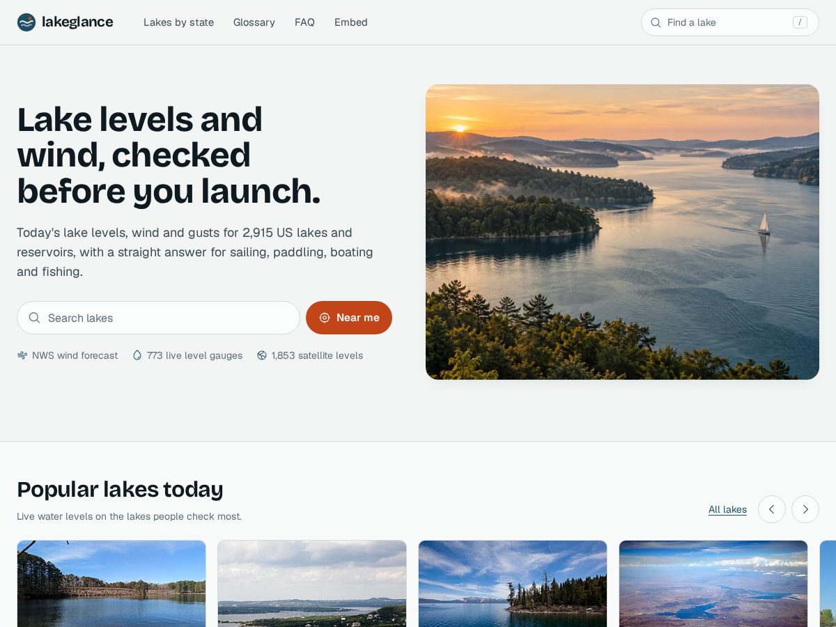 Landing-page snapshot of lakeglance.com