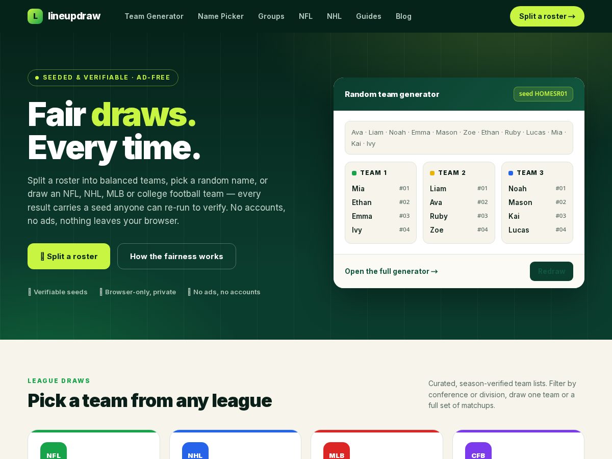 Landing-page snapshot of lineupdraw.com