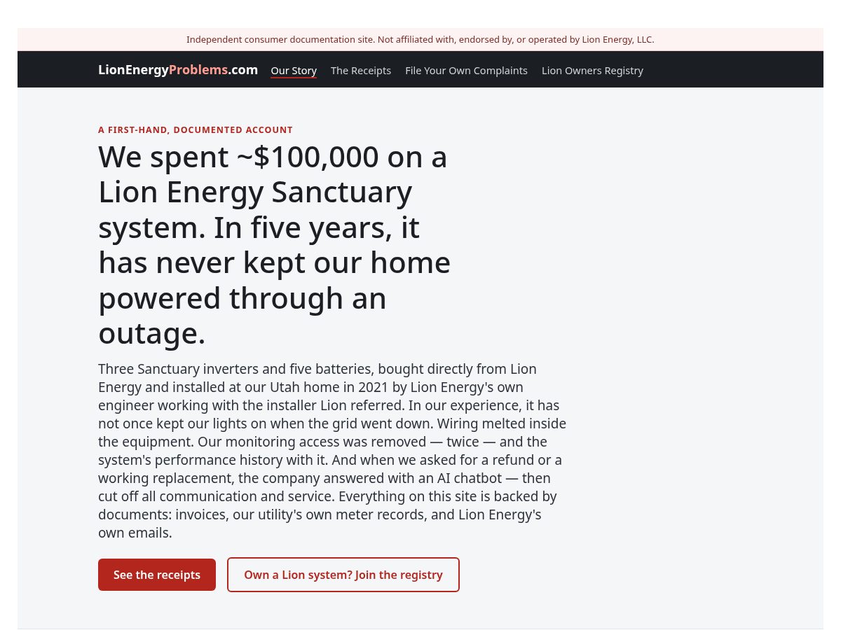 Landing-page snapshot of lionenergyproblems.com