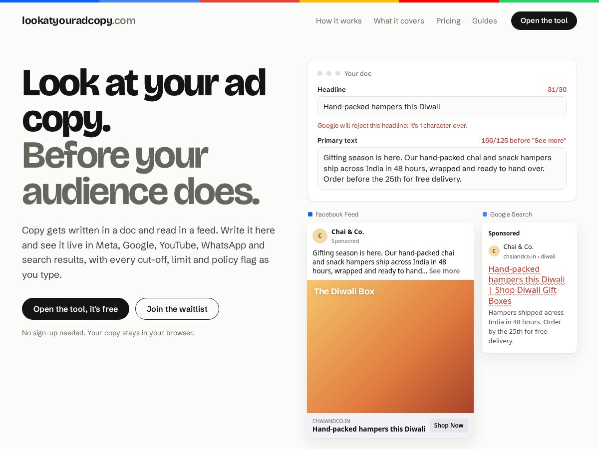 Landing-page snapshot of lookatyouradcopy.com