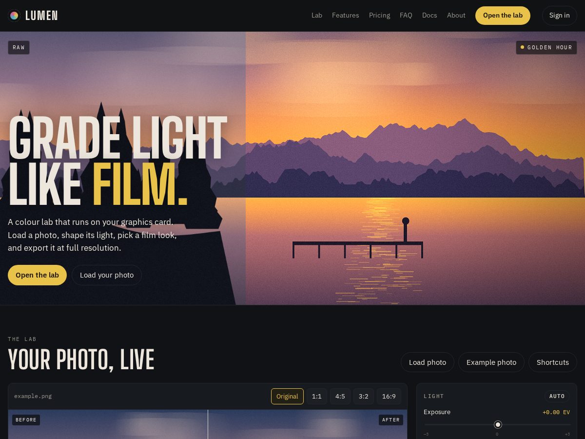 Landing-page snapshot of lumenphotoapp.com