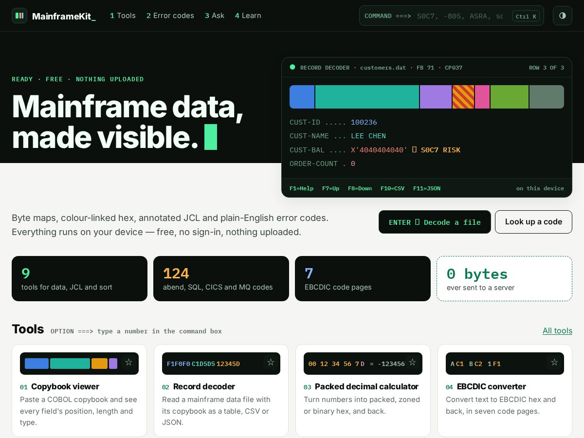 Landing-page snapshot of mainframekit.com