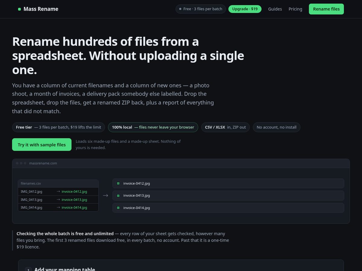 Landing-page snapshot of massrename.com