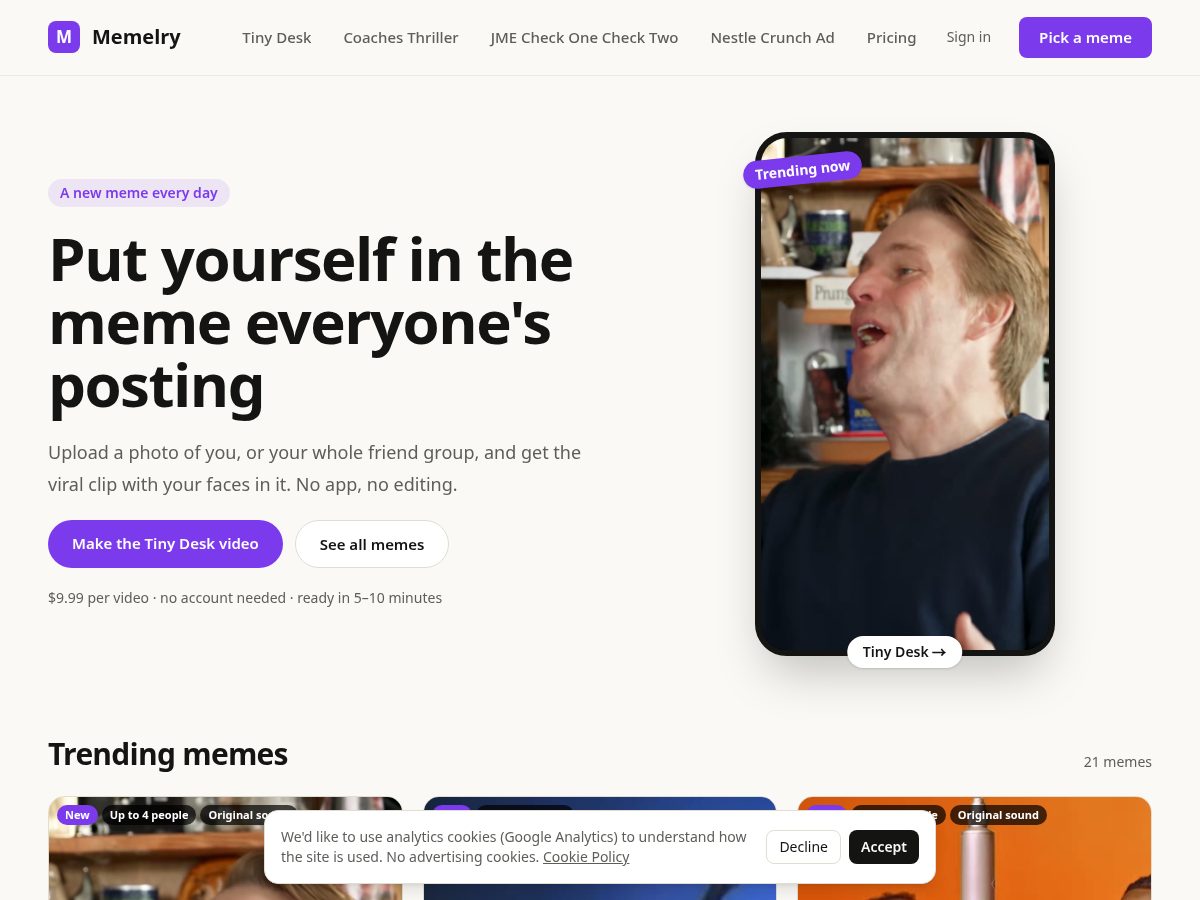 Landing-page snapshot of memelry.com