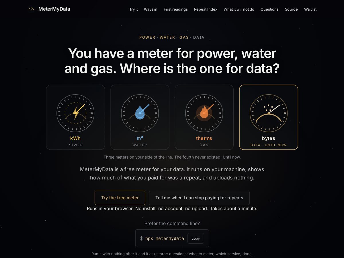 Landing-page snapshot of metermydata.xyz