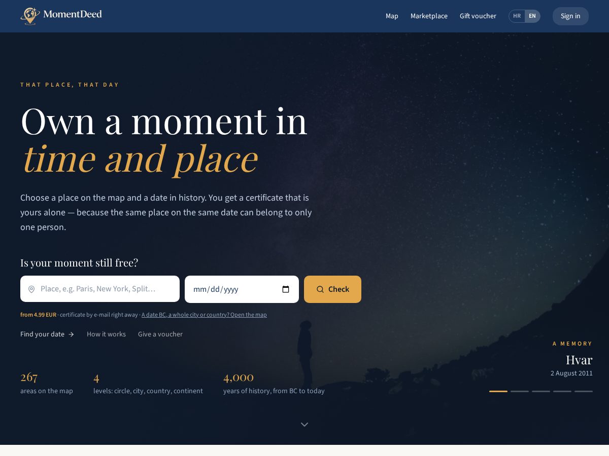 Landing-page snapshot of momentdeed.com