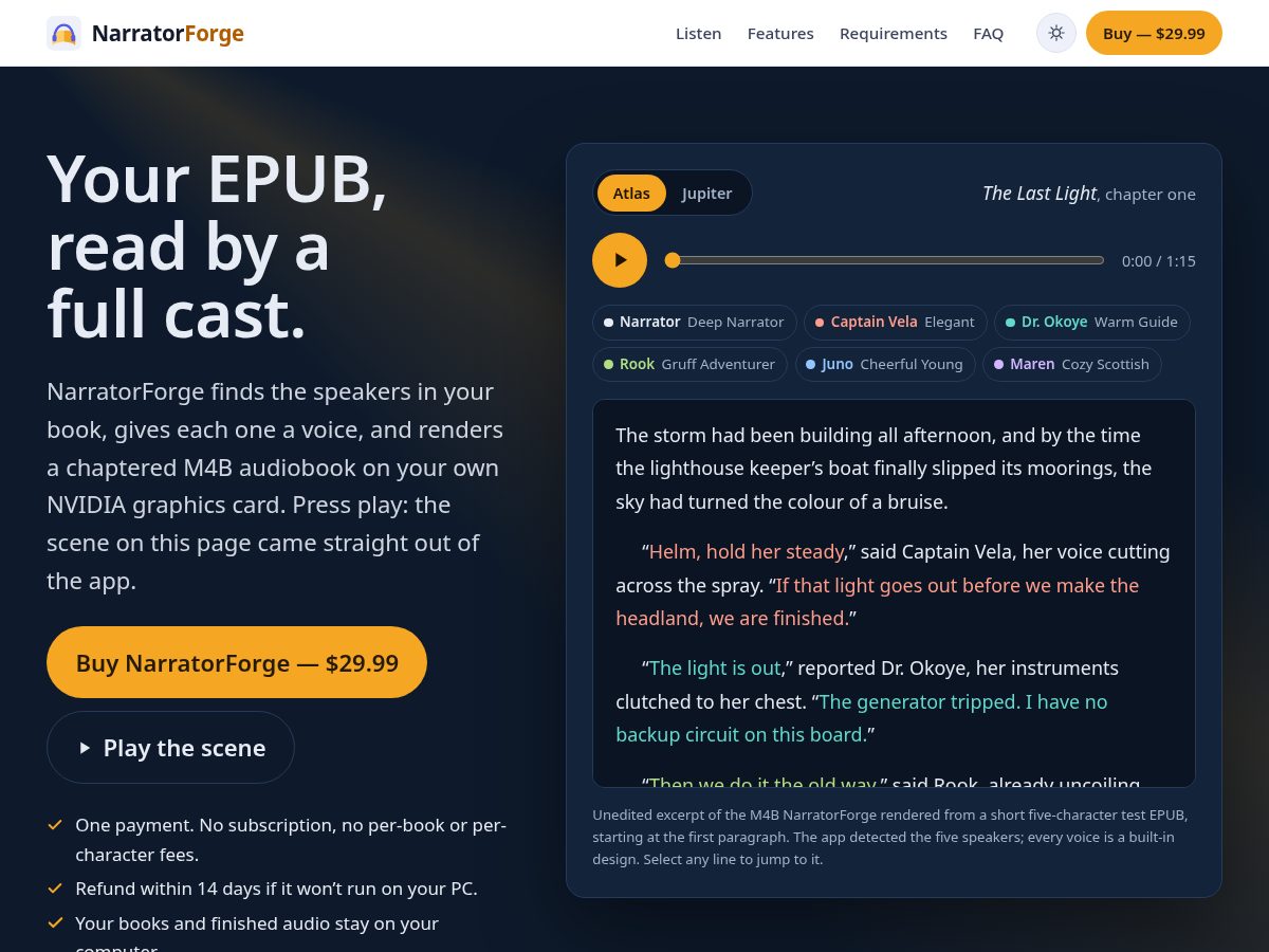 Landing-page snapshot of narratorforge.net