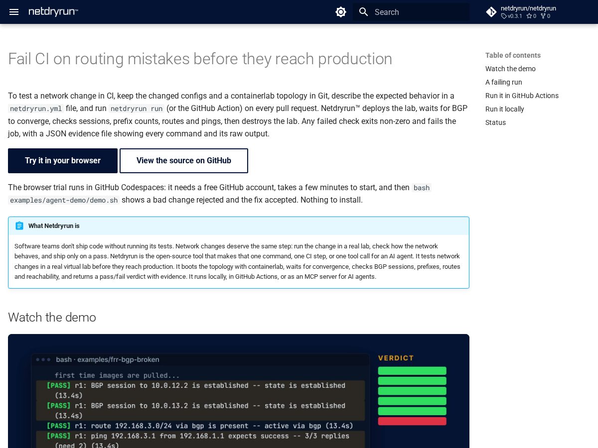 Landing-page snapshot of netdryrun.com