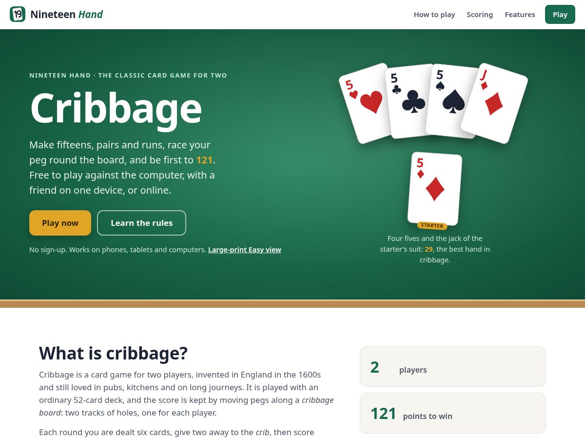 Landing-page snapshot of nineteenhand.com