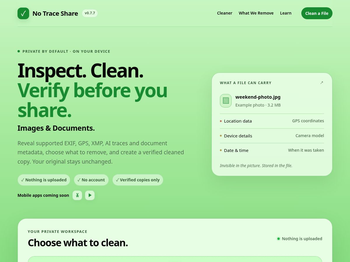 Landing-page snapshot of notraceshare.com