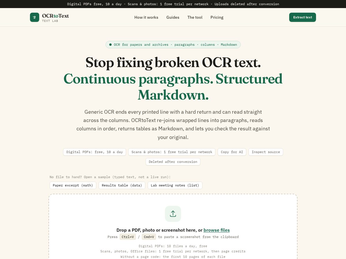 Landing-page snapshot of ocrtotext.com