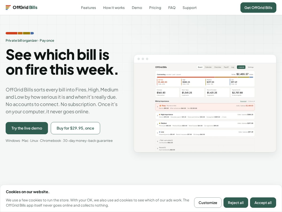 Landing-page snapshot of offgridbills.com