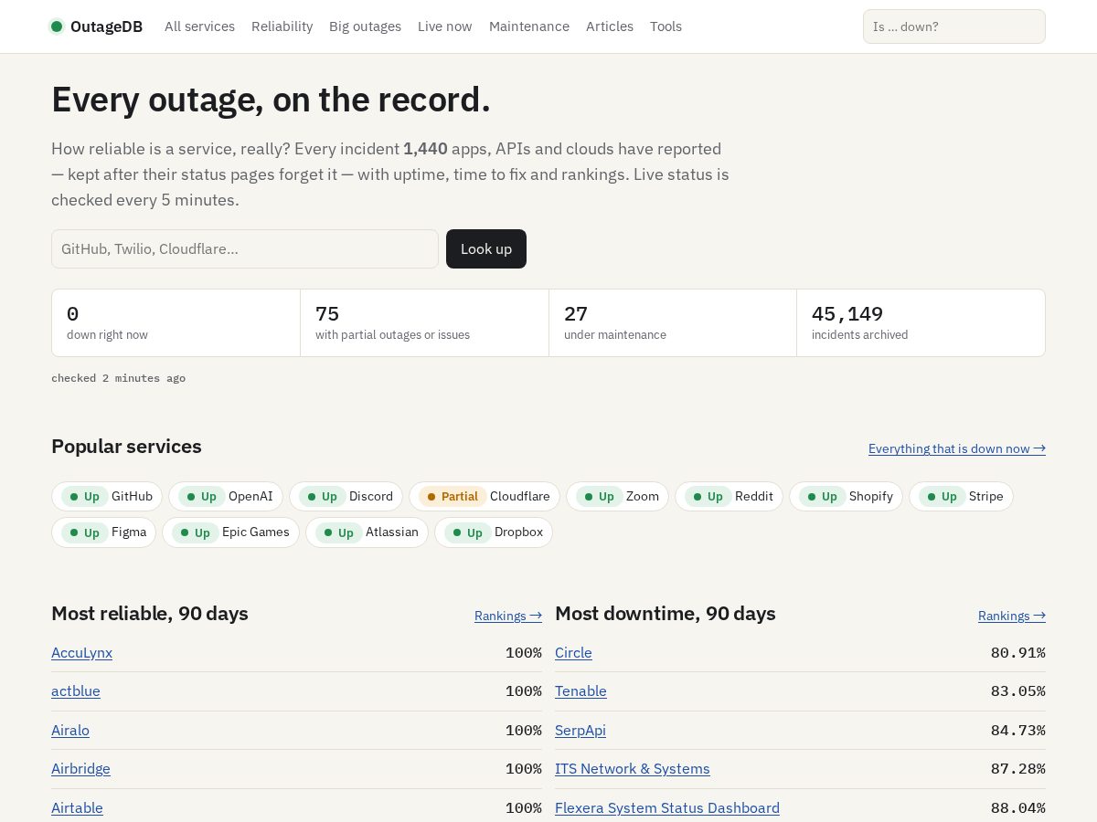 Landing-page snapshot of outagedb.com