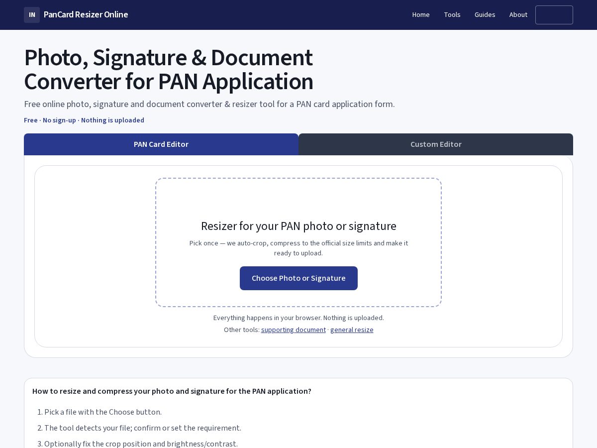 Landing-page snapshot of pancardresizeronline.com