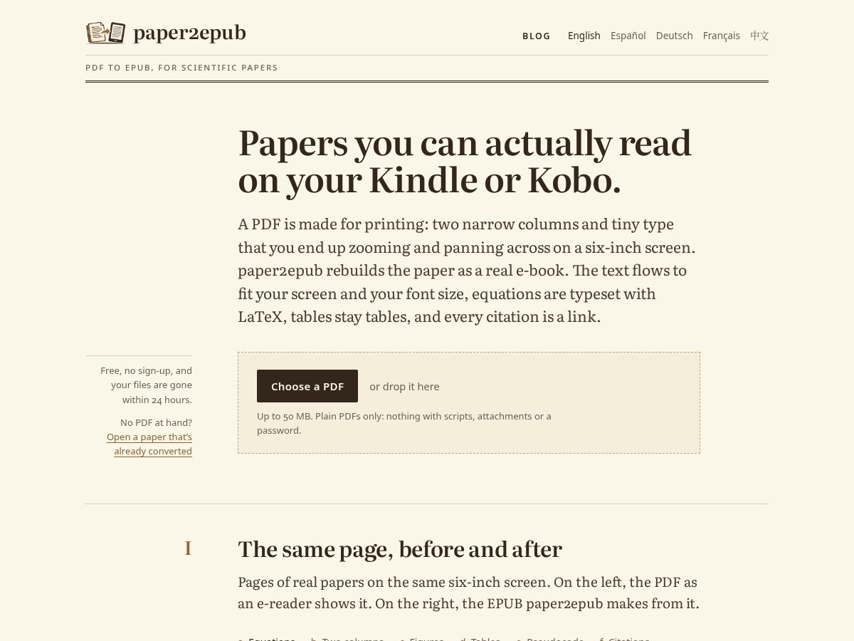 Landing-page snapshot of paper2epub.com