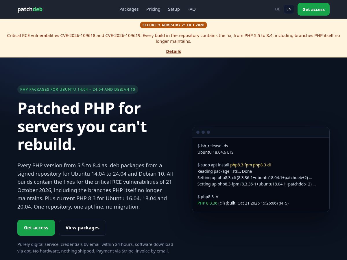 Landing-page snapshot of patchdeb.com