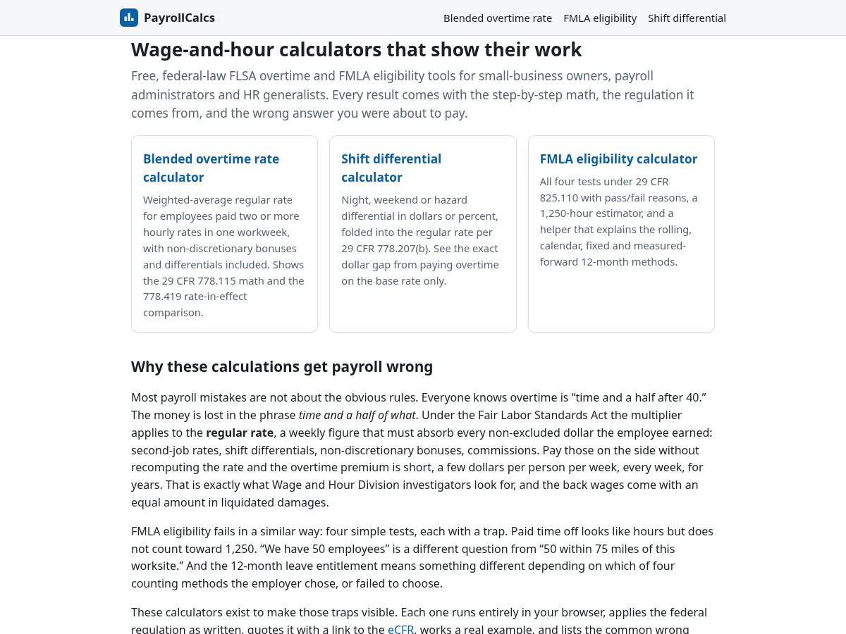 Landing-page snapshot of payrollcalcs.com