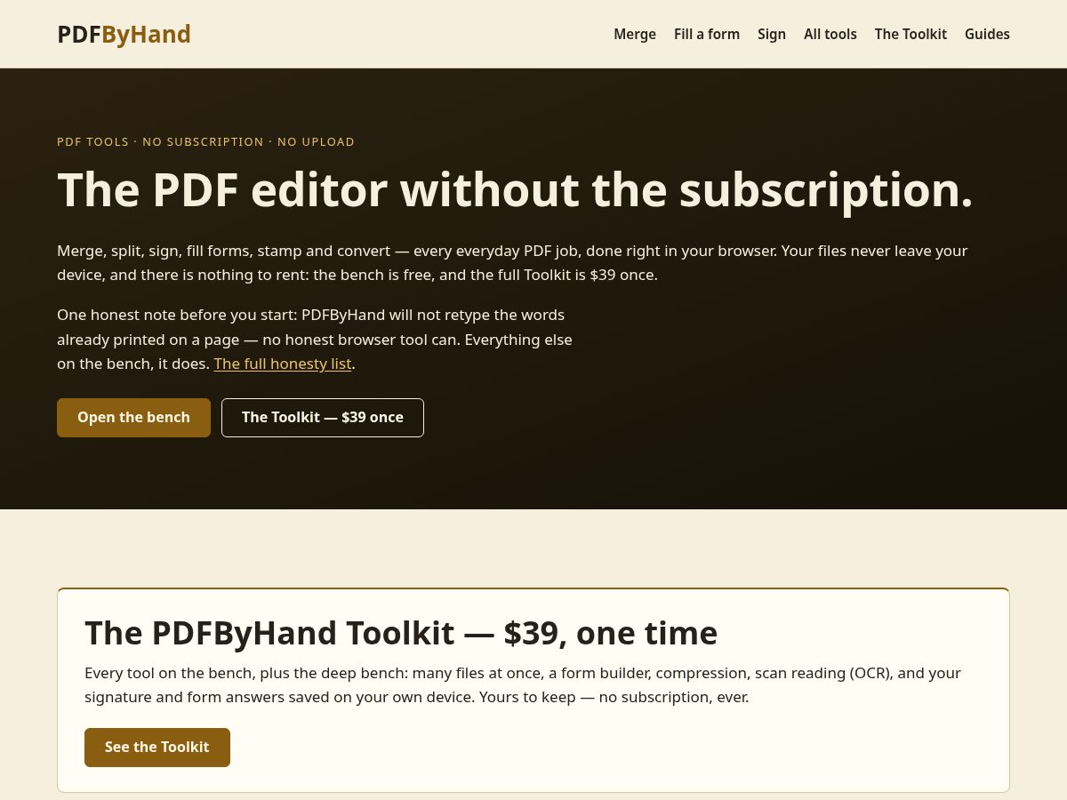 Landing-page snapshot of pdfbyhand.com