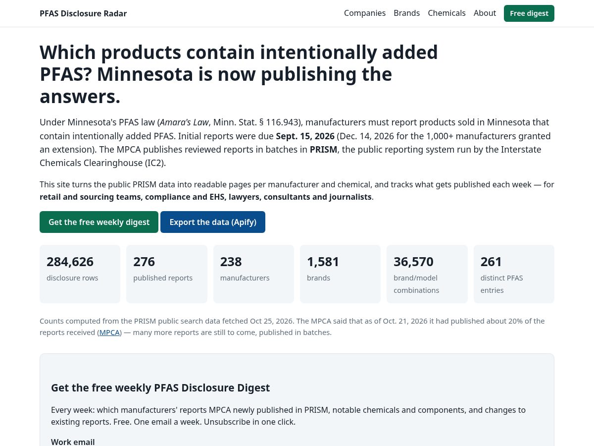 Landing-page snapshot of pfasradar.com
