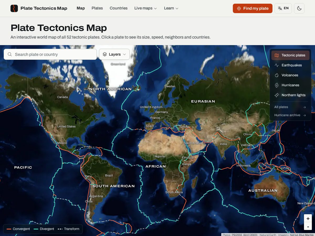 Landing-page snapshot of platetectonicsmap.com