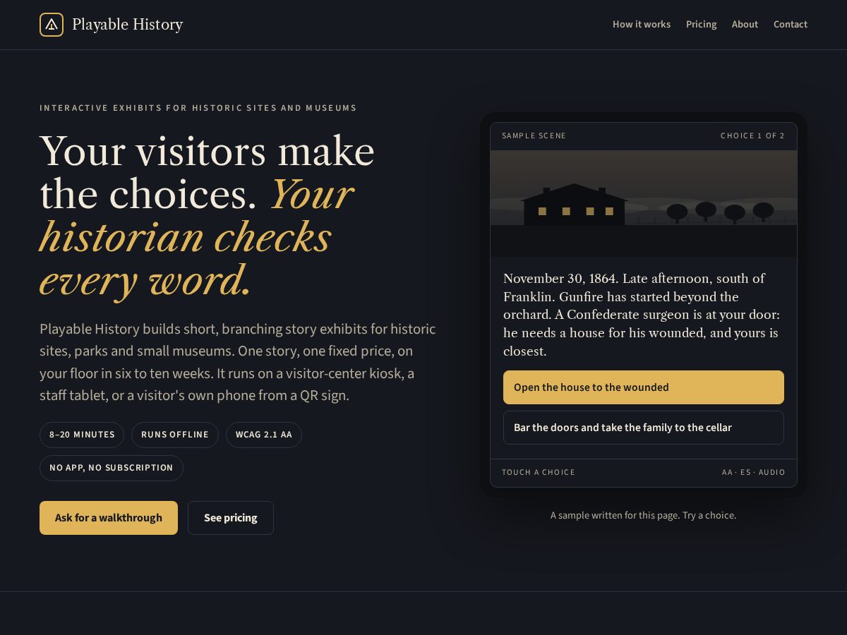 Landing-page snapshot of playablehistory.com