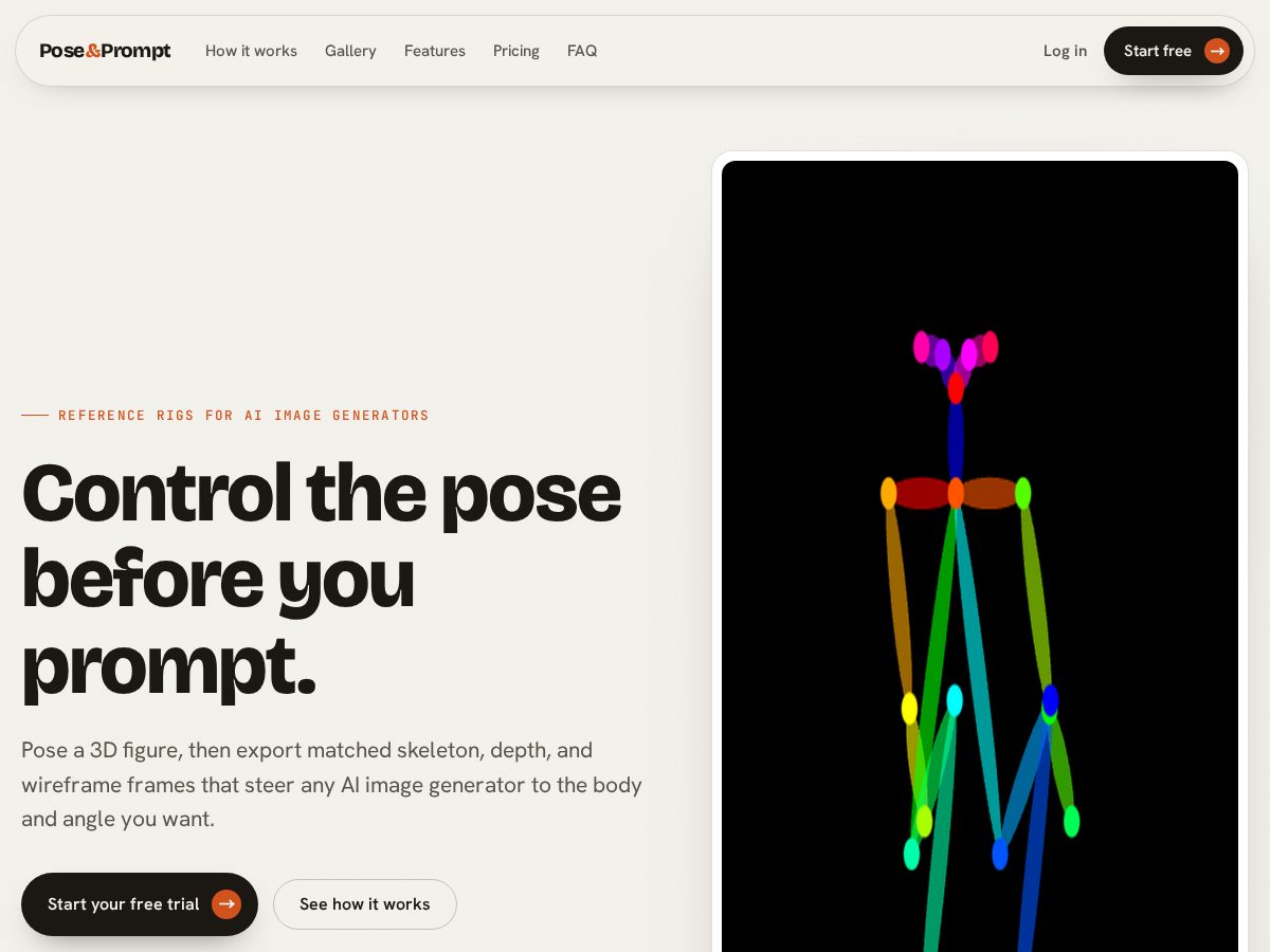 Landing-page snapshot of poseandprompt.com