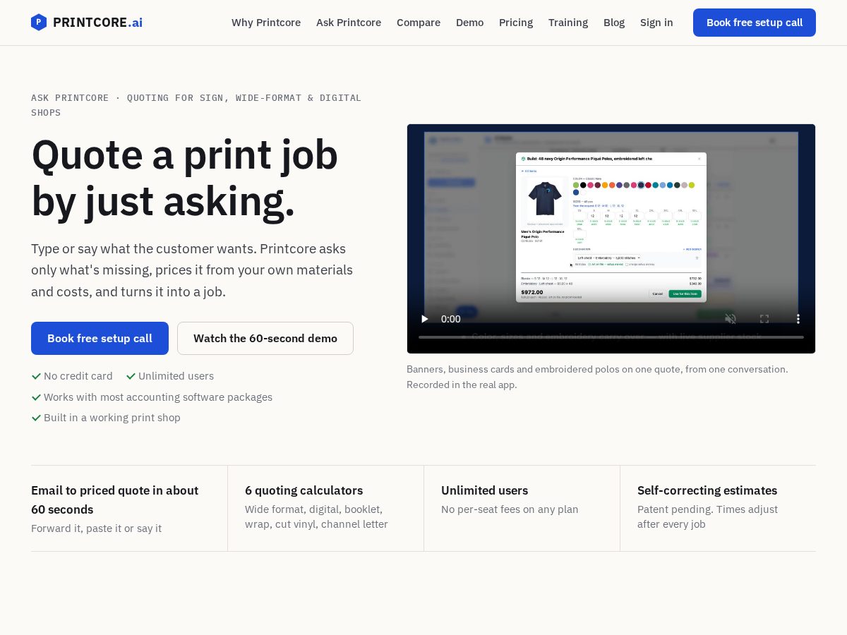 Landing-page snapshot of printcoreai.com