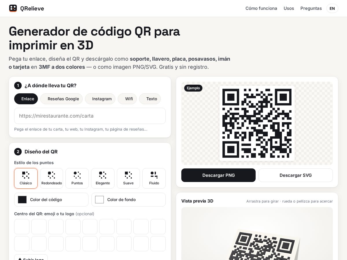 Landing-page snapshot of qrparaimprimir3d.com