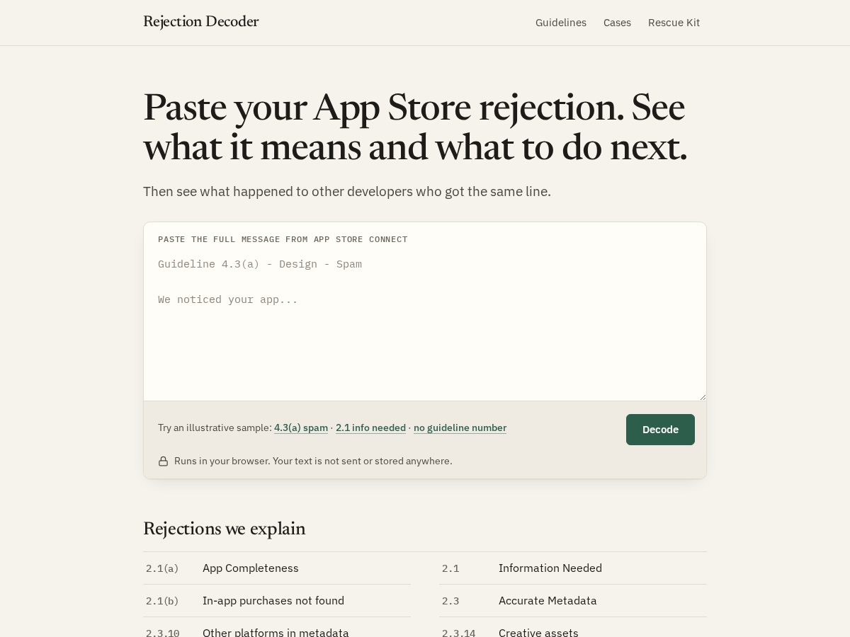 Landing-page snapshot of rejectiondecoder.com