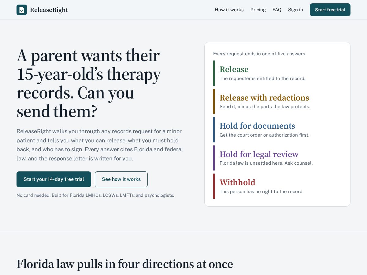 Landing-page snapshot of releaseright.com