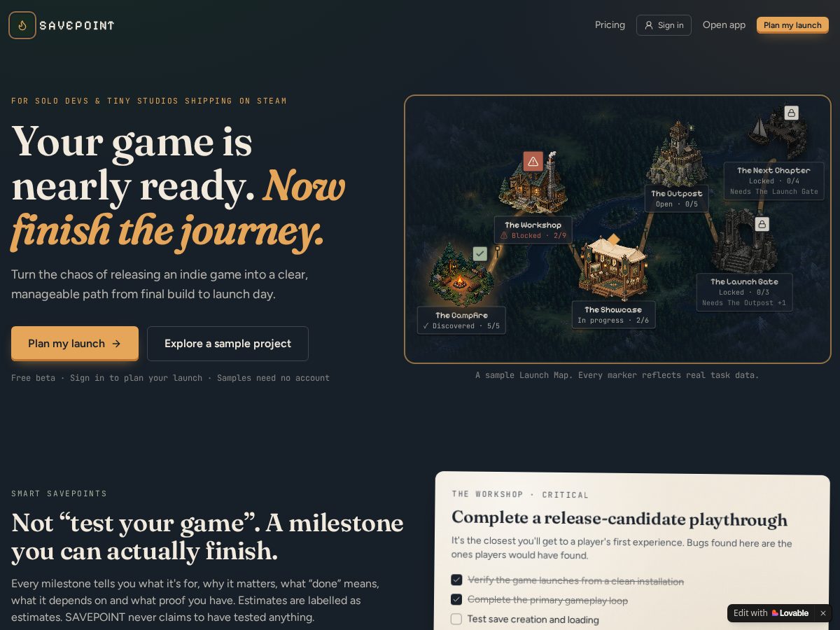 Landing-page snapshot of savepointlaunch.com