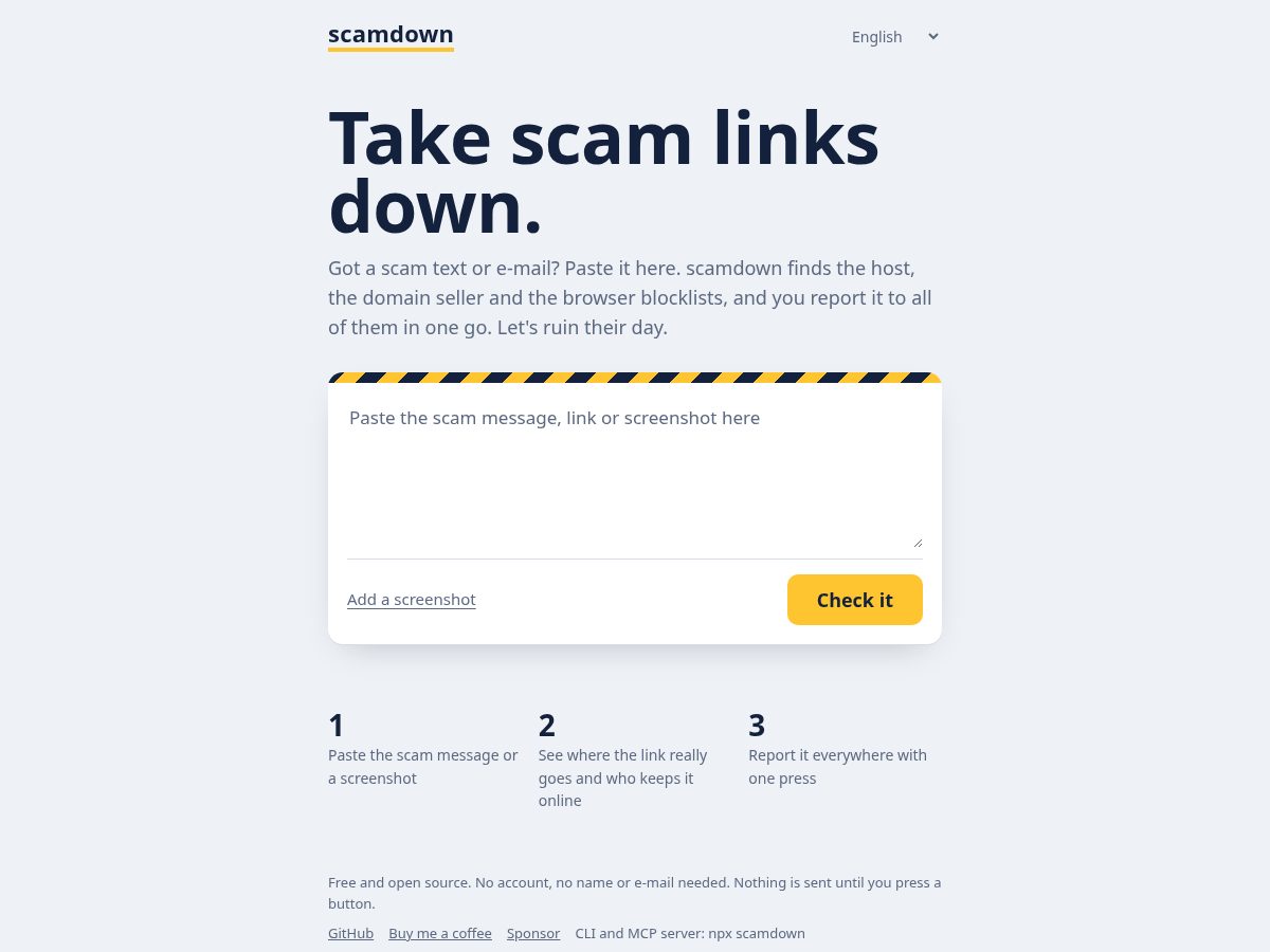Landing-page snapshot of scamdown.org