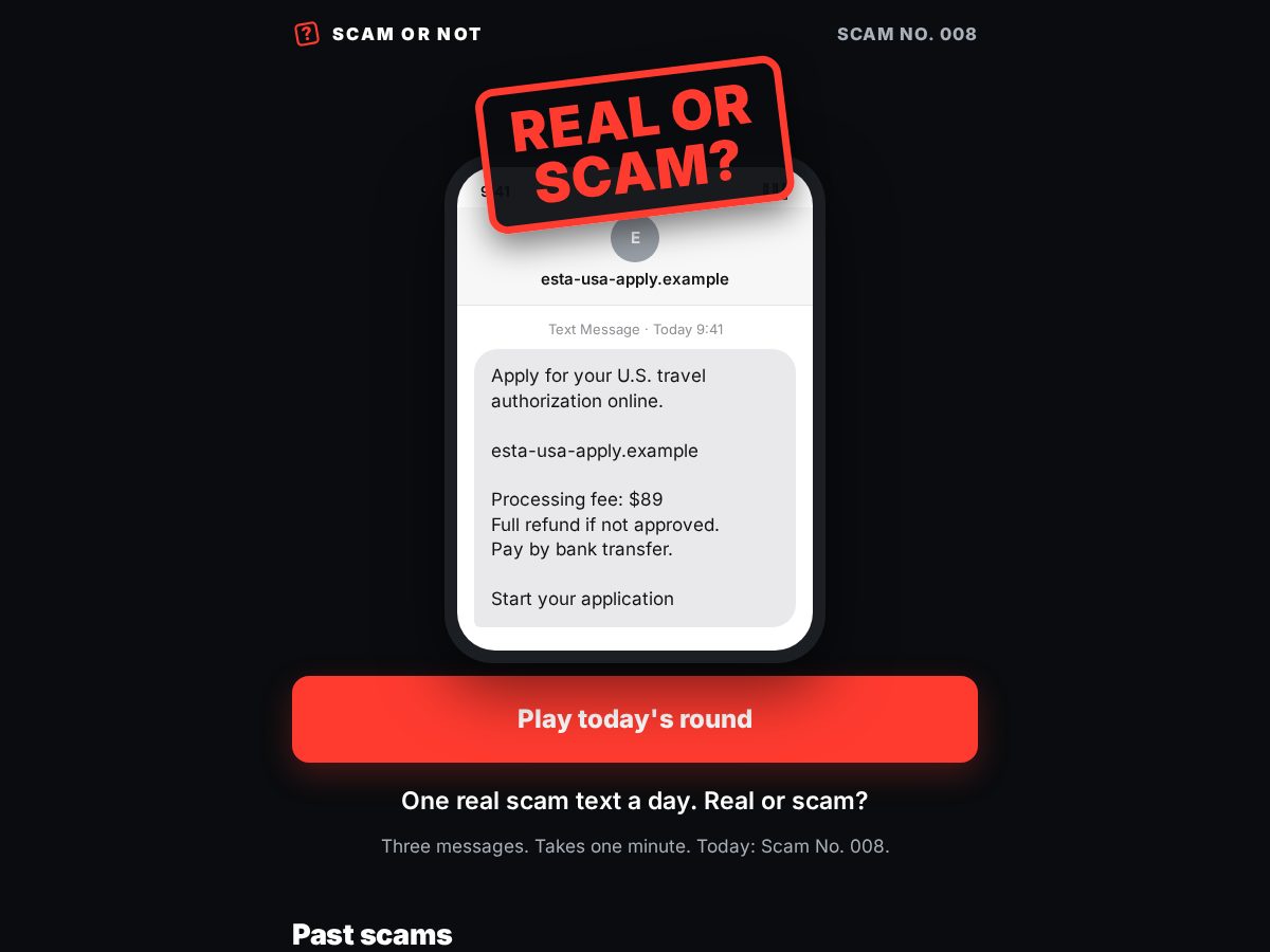 Landing-page snapshot of scamornotdaily.com