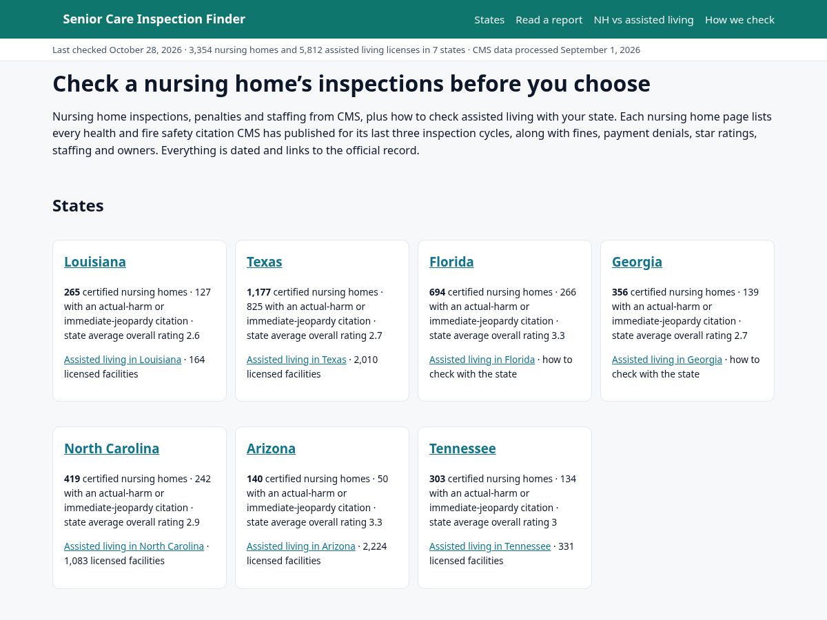 Landing-page snapshot of seniorcareinspections.com