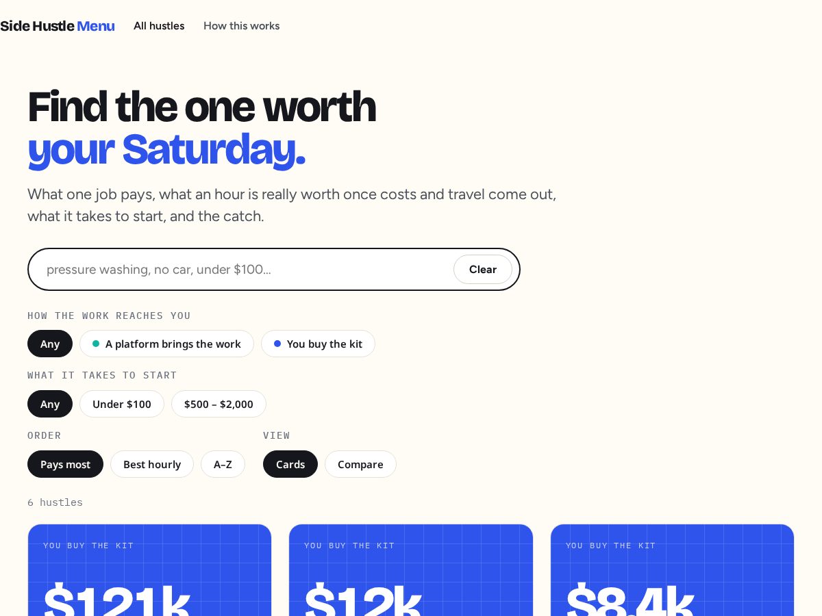 Landing-page snapshot of sidehustlemenu.com