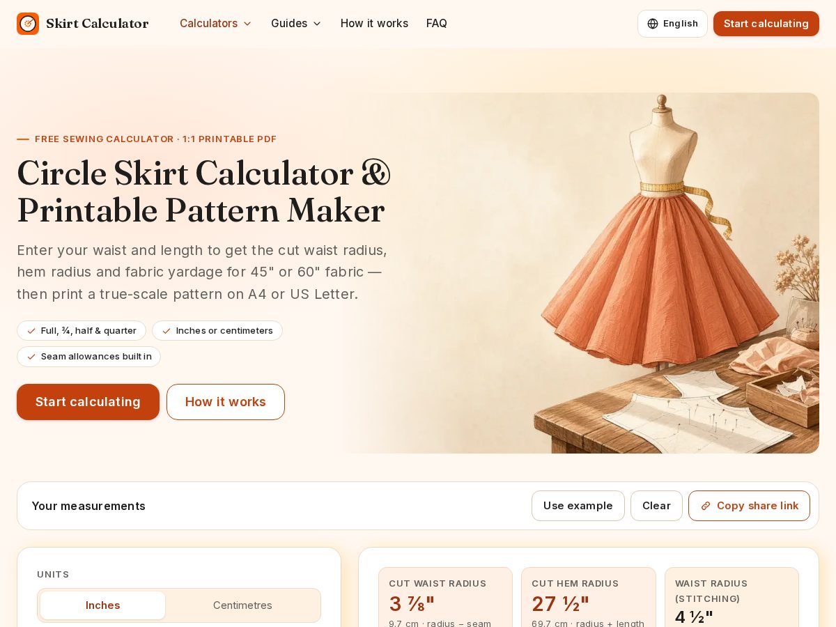 Landing-page snapshot of skirtcalculator.com