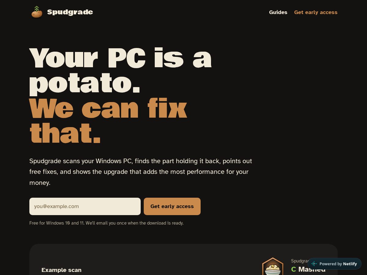 Landing-page snapshot of spudgrade.com