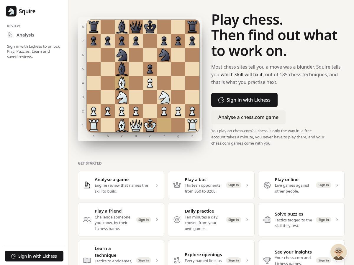 Landing-page snapshot of squirechess.com